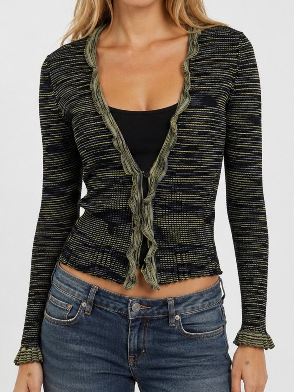 MISSONI Vintage 90s Ruffle Cardigan Rib Knit Y2k Ruffle V Neck Fitted Sweater